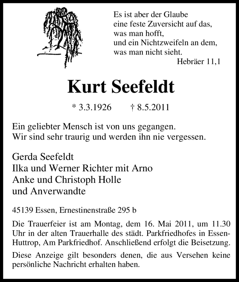  Traueranzeige für Kurt Seefeldt vom 11.05.2011 aus Tageszeitung