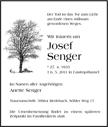 Traueranzeige von Josef Senger von Tageszeitung