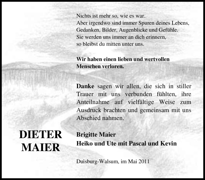  Traueranzeige für Dieter Maier vom 18.05.2011 aus Tageszeitung