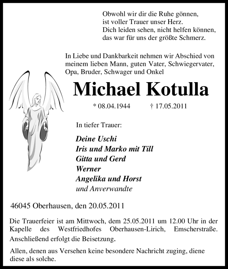  Traueranzeige für Michael Kotulla vom 20.05.2011 aus Tageszeitung