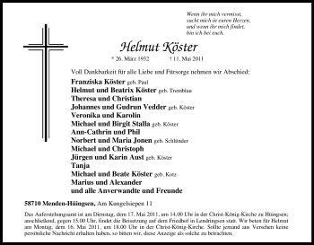 Traueranzeige von Helmut Köster von Tageszeitung