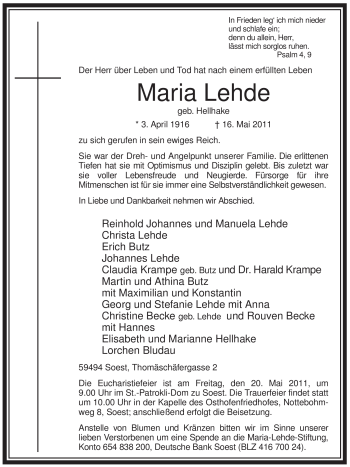 Traueranzeige von Maria Lehde von Tageszeitung