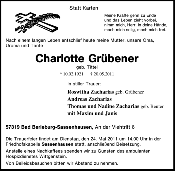 Traueranzeige von Charlotte Grübener von Tageszeitung