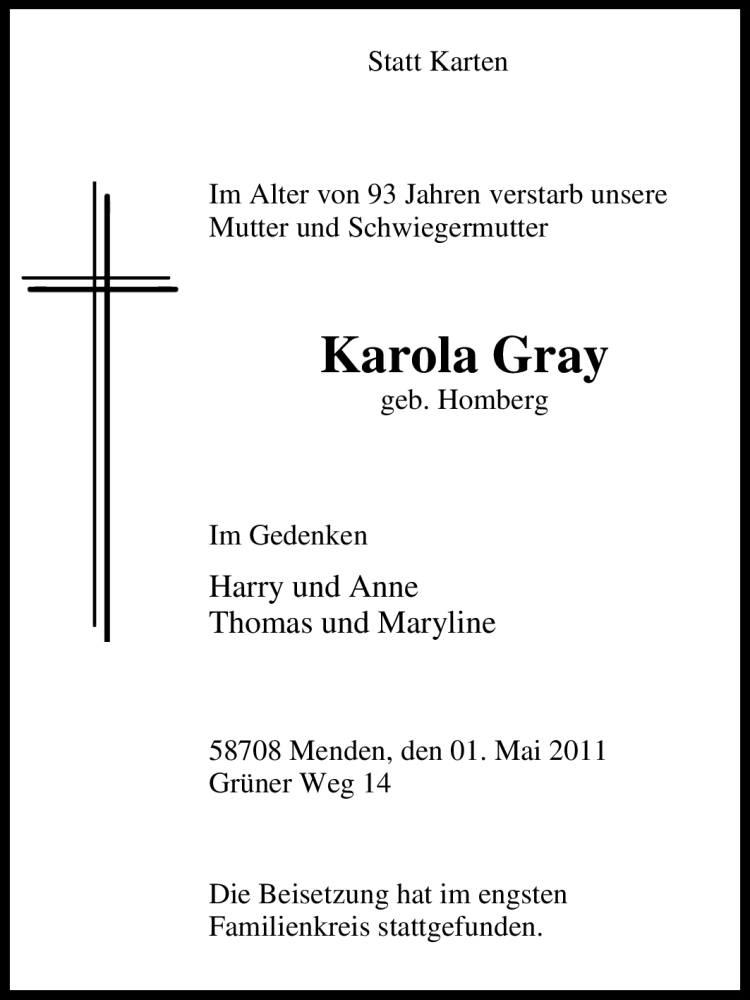  Traueranzeige für Karola Gray vom 07.05.2011 aus Tageszeitung