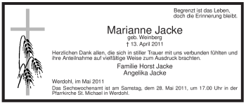 Traueranzeige von Marianne Jacke von Tageszeitung