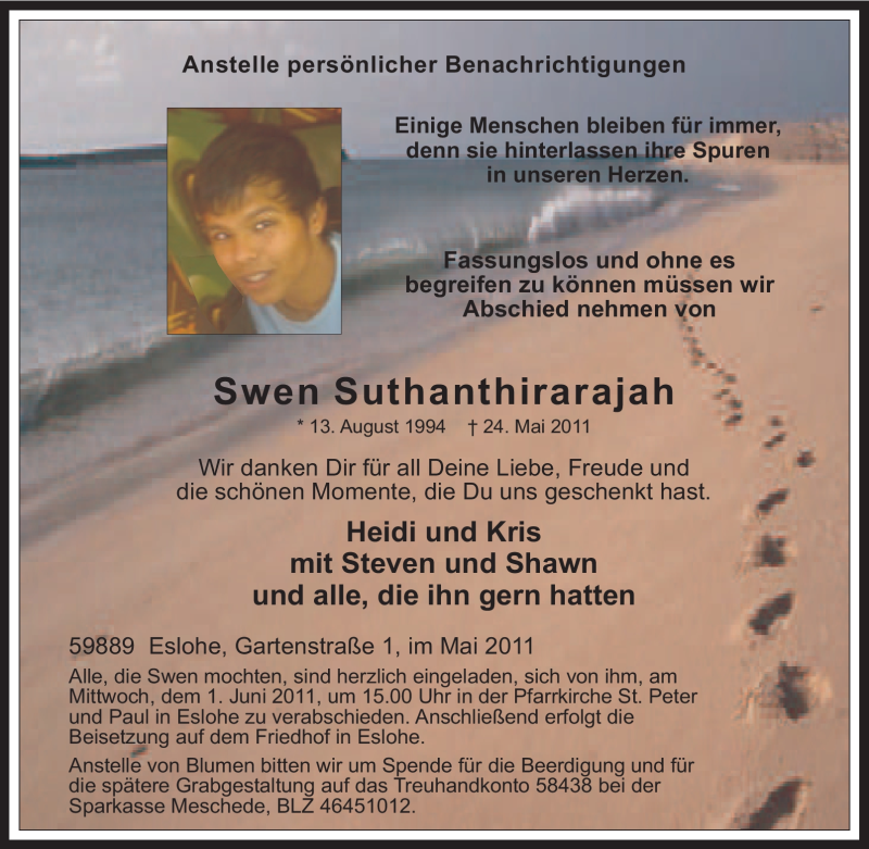  Traueranzeige für Swen Suthanthirarajah vom 28.05.2011 aus Tageszeitung