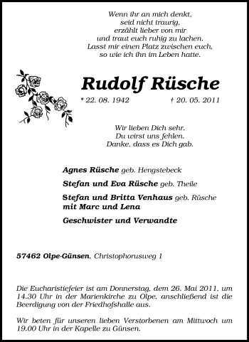 Traueranzeige von Rudolf Rüsche von Tageszeitung