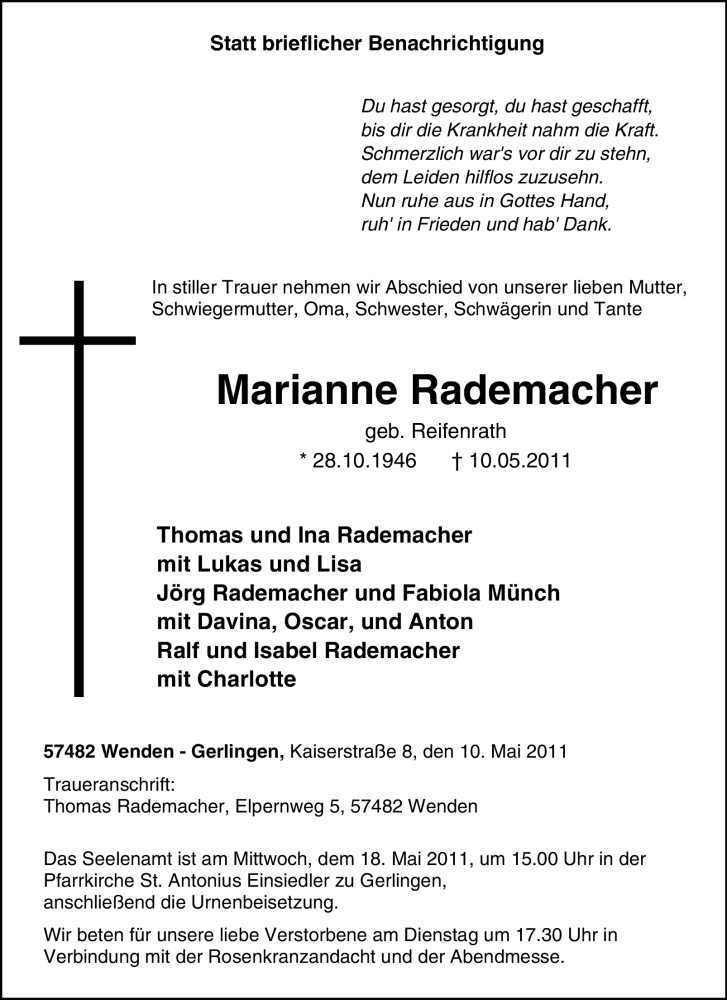  Traueranzeige für Marianne Rademacher vom 13.05.2011 aus Tageszeitung
