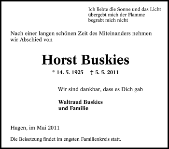 Traueranzeige von Horst Buskies von Tageszeitung