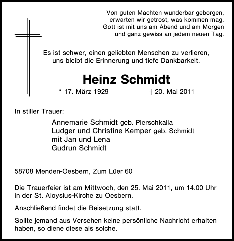  Traueranzeige für Heinz Schmidt vom 23.05.2011 aus Tageszeitung
