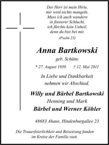 Traueranzeige von Anna Bartkowski von Tageszeitung