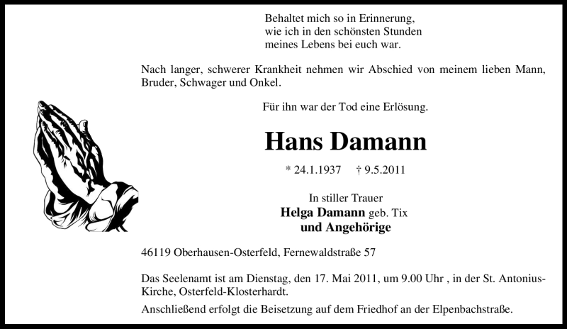 Traueranzeige für Hans Damann vom 13.05.2011 aus Tageszeitung