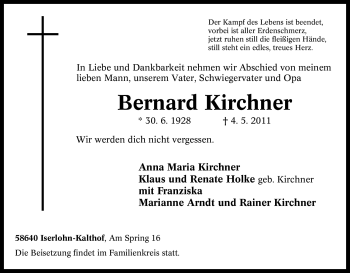 Traueranzeige von Bernard Kirchner von Tageszeitung