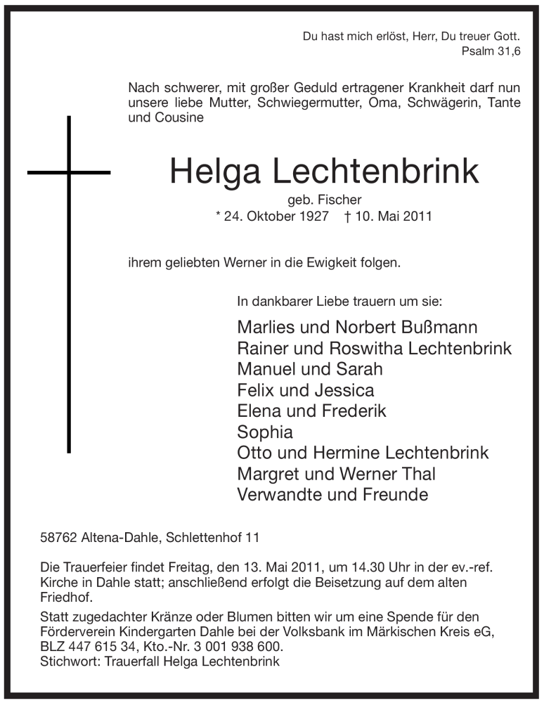  Traueranzeige für Helga Lechtenbrink vom 12.05.2011 aus Tageszeitung