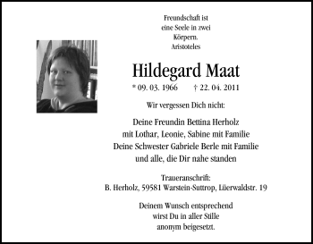 Traueranzeige von Hildegard Maat von Tageszeitung