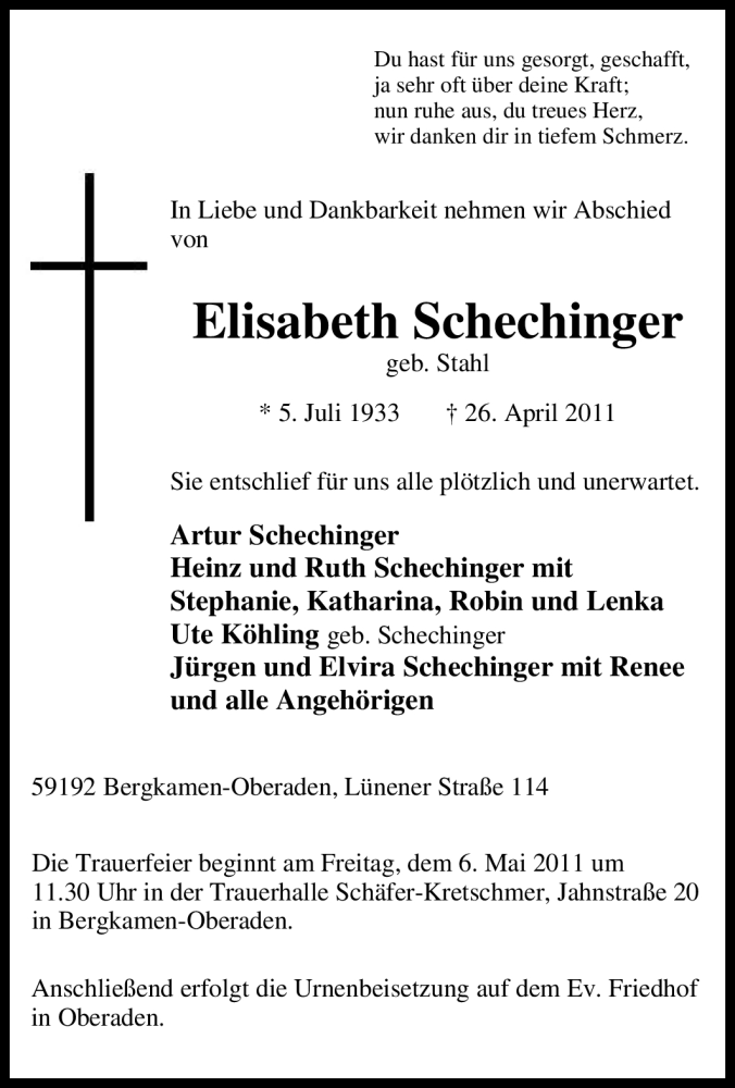  Traueranzeige für Elisabeth Schechinger vom 03.05.2011 aus Tageszeitung