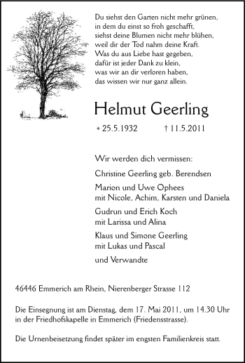 Traueranzeigen Von Helmut Geerling | Trauer-in-NRW.de