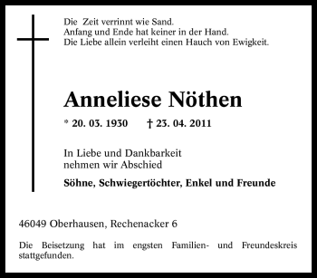 Traueranzeige von Anneliese Nöthen von Tageszeitung