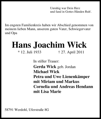 Traueranzeige von Hans Joachim Wick von Tageszeitung