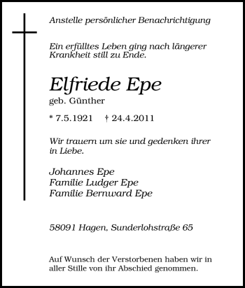 Traueranzeige von Elfriede Epe von Tageszeitung