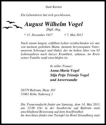 Traueranzeige von August Wilhelm Vogel von Tageszeitung