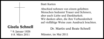 Traueranzeige von Gisela Schnell von Tageszeitung