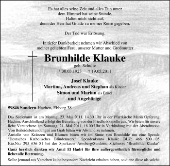 Traueranzeige von Brunhilde Klauke von Tageszeitung