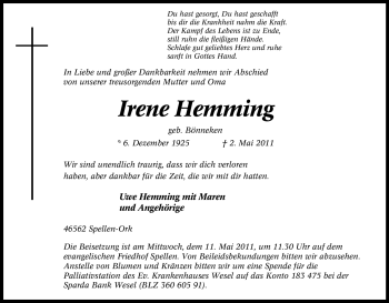 Traueranzeige von Irene Hemming von Tageszeitung