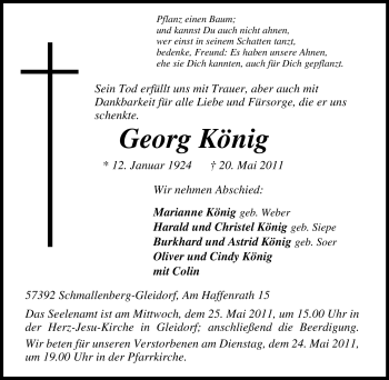 Traueranzeige von Georg König von Tageszeitung