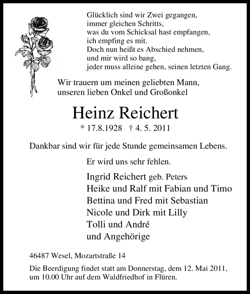 Traueranzeigen von Heinz Reichert TrauerinNRW.de