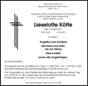 Traueranzeige von Lieselotte Kötte von Tageszeitung
