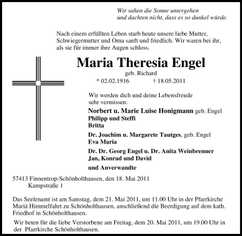 Traueranzeige von Maria Theresia Engel von Tageszeitung