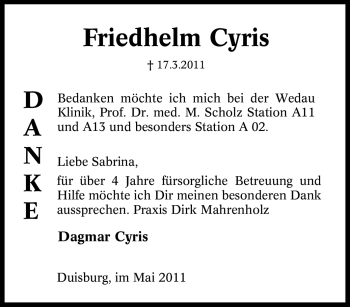 Traueranzeige von Friedhelm Cyris von Tageszeitung