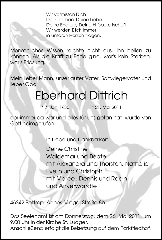  Traueranzeige für Eberhard Dittrich vom 24.05.2011 aus Tageszeitung