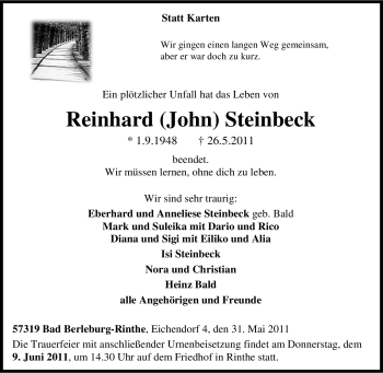 Traueranzeige von Reinhard Steinbeck von Tageszeitung