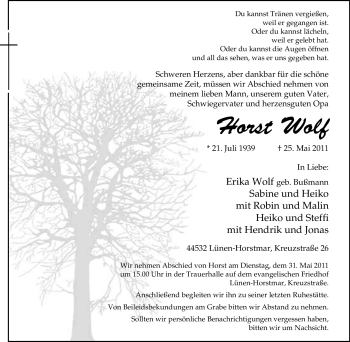 Traueranzeige von Horst Wolf von Tageszeitung