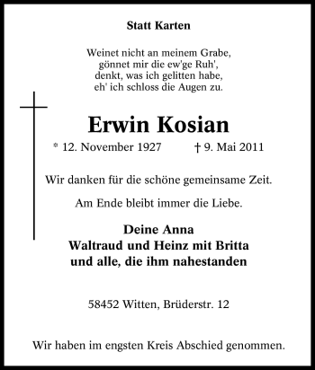 Traueranzeige von Erwin Kosian von Tageszeitung
