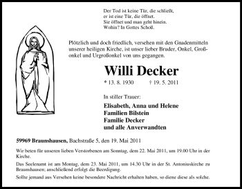 Traueranzeige von Willi Decker von Tageszeitung