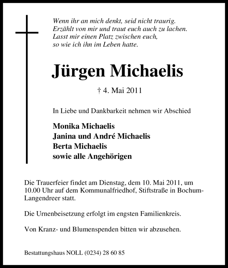  Traueranzeige für Jürgen Michaelis vom 07.05.2011 aus Tageszeitung