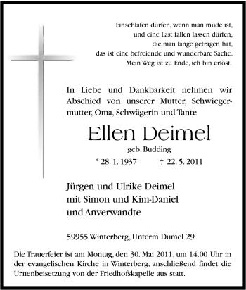 Traueranzeige von Ellen Deimel von Tageszeitung