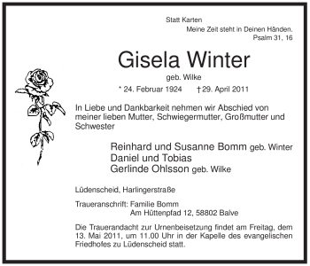 Traueranzeige von Gisela Winter von Tageszeitung