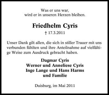 Traueranzeige von Friedhelm Cyris von Tageszeitung