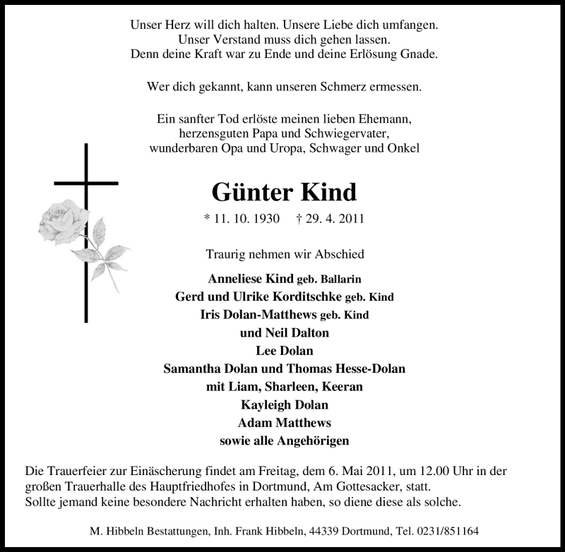  Traueranzeige für Günter Kind vom 03.05.2011 aus Tageszeitung