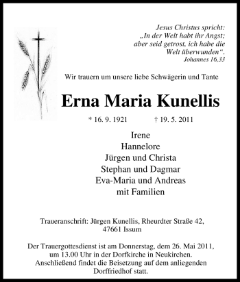 Traueranzeige von Erna Maria Kunellis von Tageszeitung