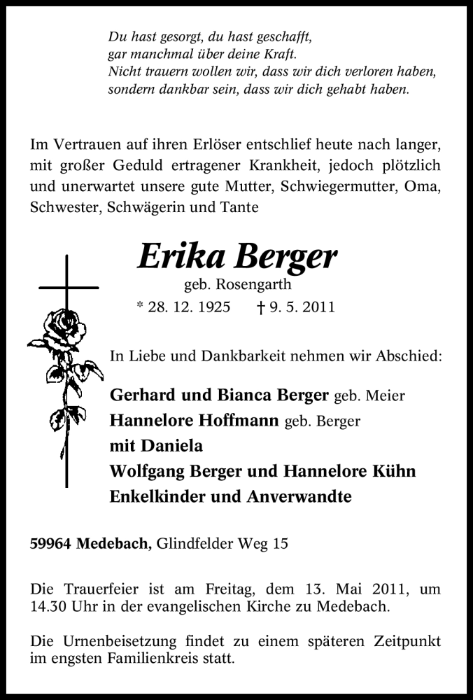 Traueranzeige für Erika Berger vom 12.05.2011 aus Tageszeitung