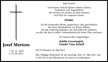 Traueranzeige von Josef Mertens von Tageszeitung