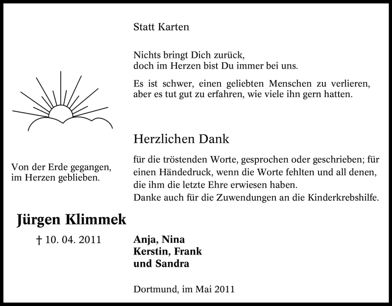  Traueranzeige für Jürgen Klimmek vom 18.05.2011 aus Tageszeitung