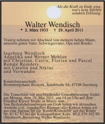Traueranzeige von Walter Wendisch von Tageszeitung