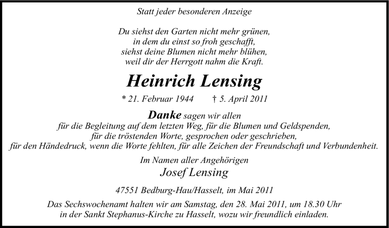  Traueranzeige für Heinrich Lensing vom 21.05.2011 aus Tageszeitung