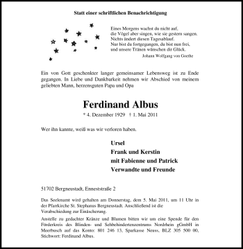 Traueranzeige von Ferdinand Albus von Tageszeitung